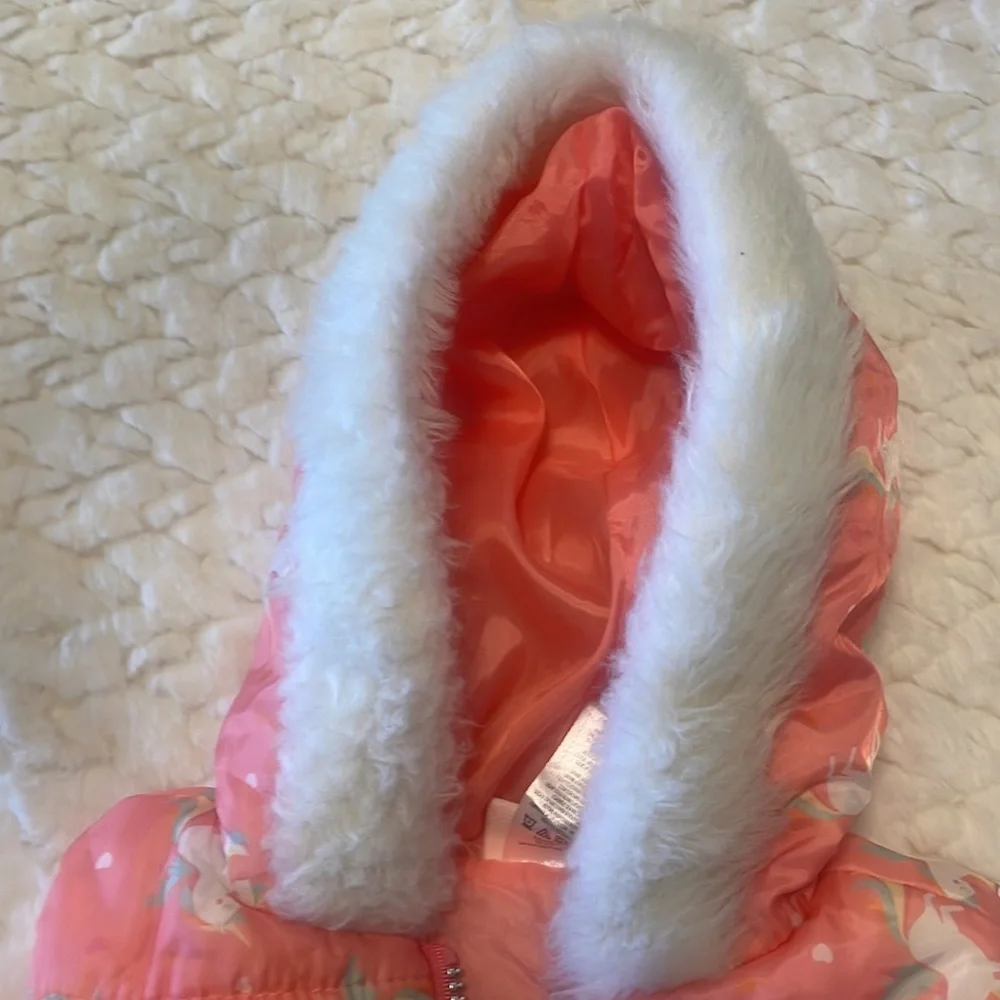 LITTLE LASS unicorn hooded puffer vest toddler girls faux fur trim zipped 3T